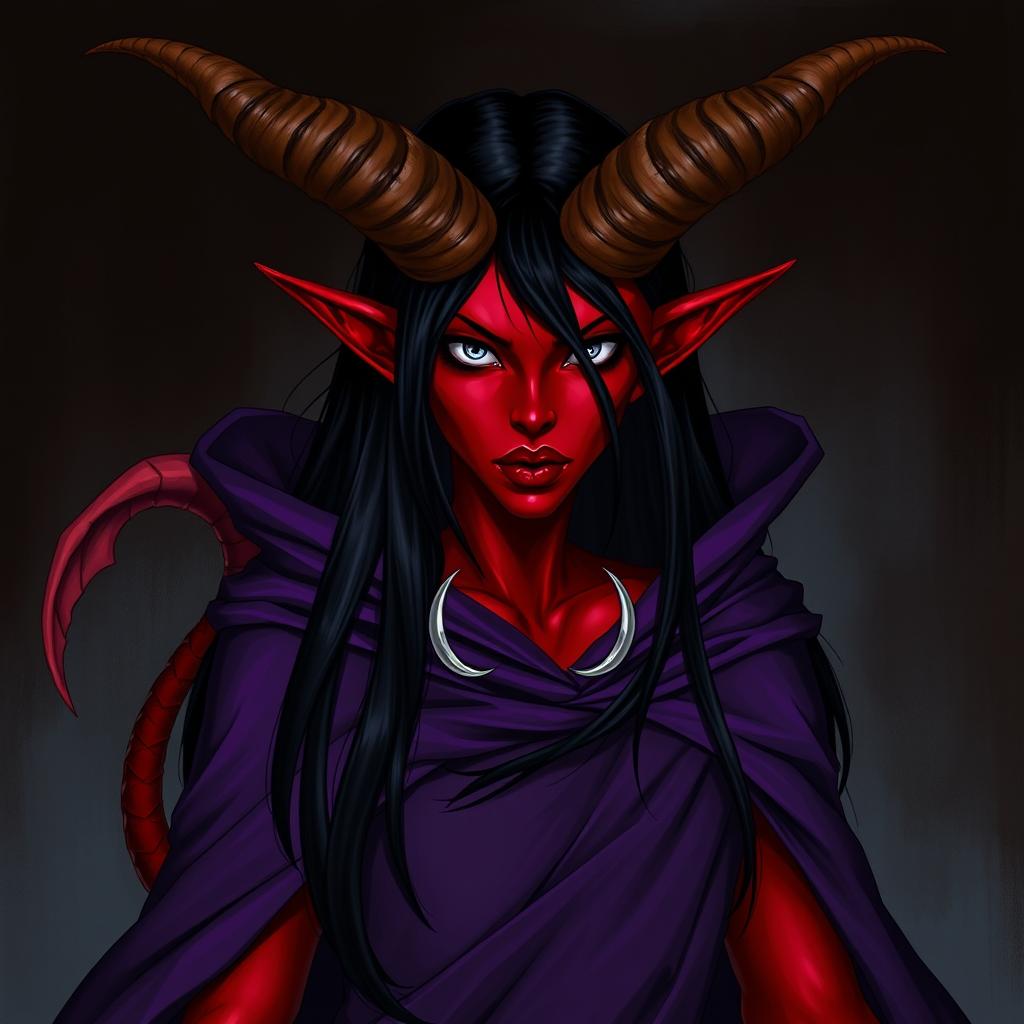 A tall female tiefling with striking red skin and long black hair, characterized by large ram-like horns projecting from her forehead