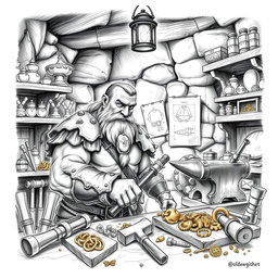 A detailed black and white drawing of a skilled dwarven goldsmith in his workshop