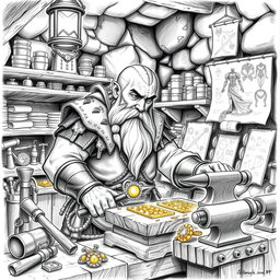 A detailed black and white drawing of a skilled dwarven goldsmith in his workshop