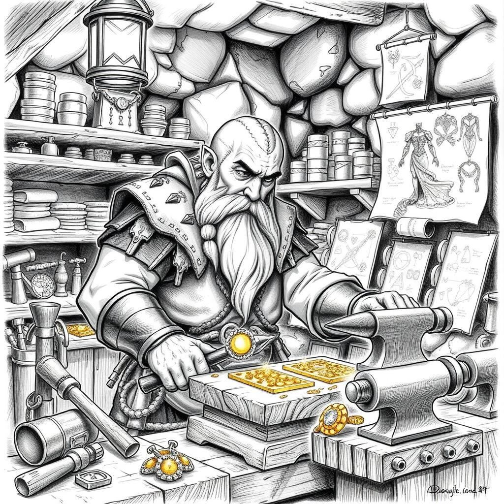 A detailed black and white drawing of a skilled dwarven goldsmith in his workshop