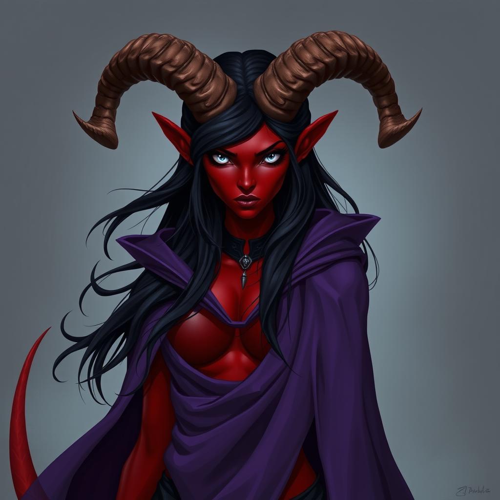 A tall female tiefling with striking red skin and flowing black hair, characterized by large ram-like horns extending prominently from her forehead