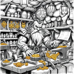 A detailed black and white drawing of a skilled dwarven goldsmith in his workshop