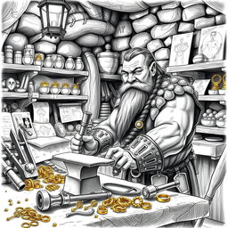 A detailed black and white drawing of a skilled dwarven goldsmith in his workshop