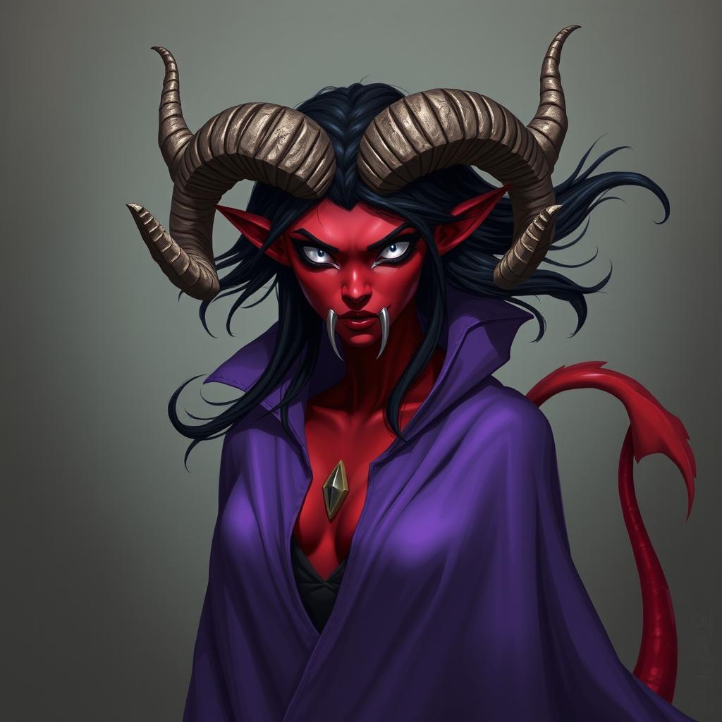A tall female tiefling with striking red skin and flowing black hair, distinguished by large ram-like horns emerging from her forehead