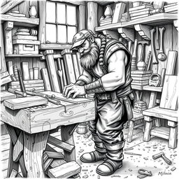 A detailed black and white drawing of a dwarven carpenter working diligently in his workshop