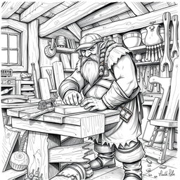 A detailed black and white drawing of a dwarven carpenter working diligently in his workshop
