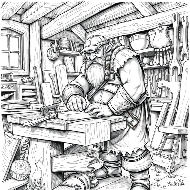 A detailed black and white drawing of a dwarven carpenter working diligently in his workshop