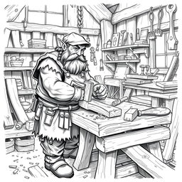A detailed black and white drawing of a dwarven carpenter working diligently in his workshop