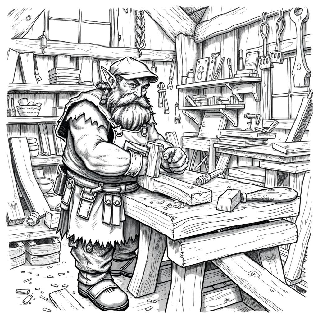 A detailed black and white drawing of a dwarven carpenter working diligently in his workshop