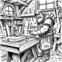 A detailed black and white drawing of a dwarven carpenter working diligently in his workshop