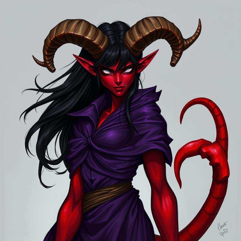 A tall female tiefling with vibrant red skin and flowing black hair, notable for her large ram-like horns that rise from her forehead