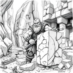 A detailed black and white drawing of a dwarven mason at work in a rugged stone quarry