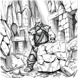 A detailed black and white drawing of a dwarven mason at work in a rugged stone quarry