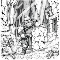 A detailed black and white drawing of a dwarven mason at work in a rugged stone quarry