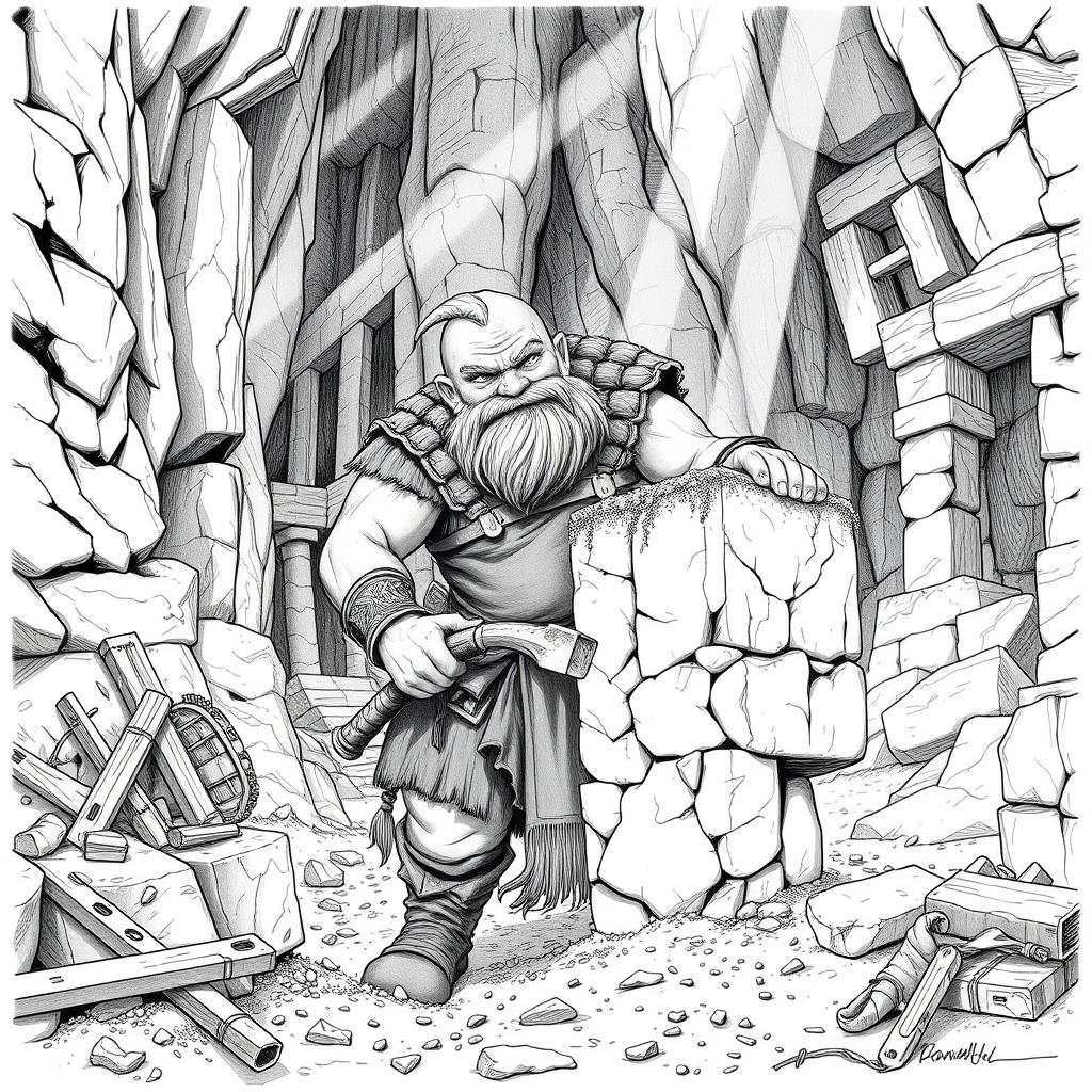 A detailed black and white drawing of a dwarven mason at work in a rugged stone quarry
