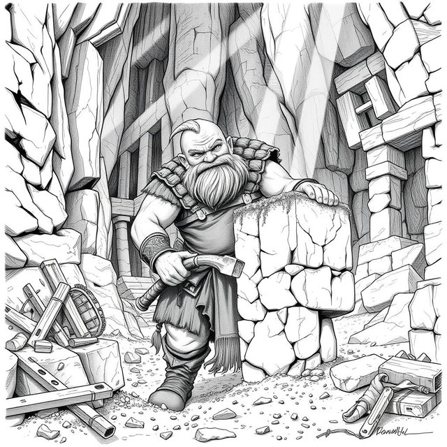A detailed black and white drawing of a dwarven mason at work in a rugged stone quarry