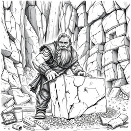 A detailed black and white drawing of a dwarven mason at work in a rugged stone quarry