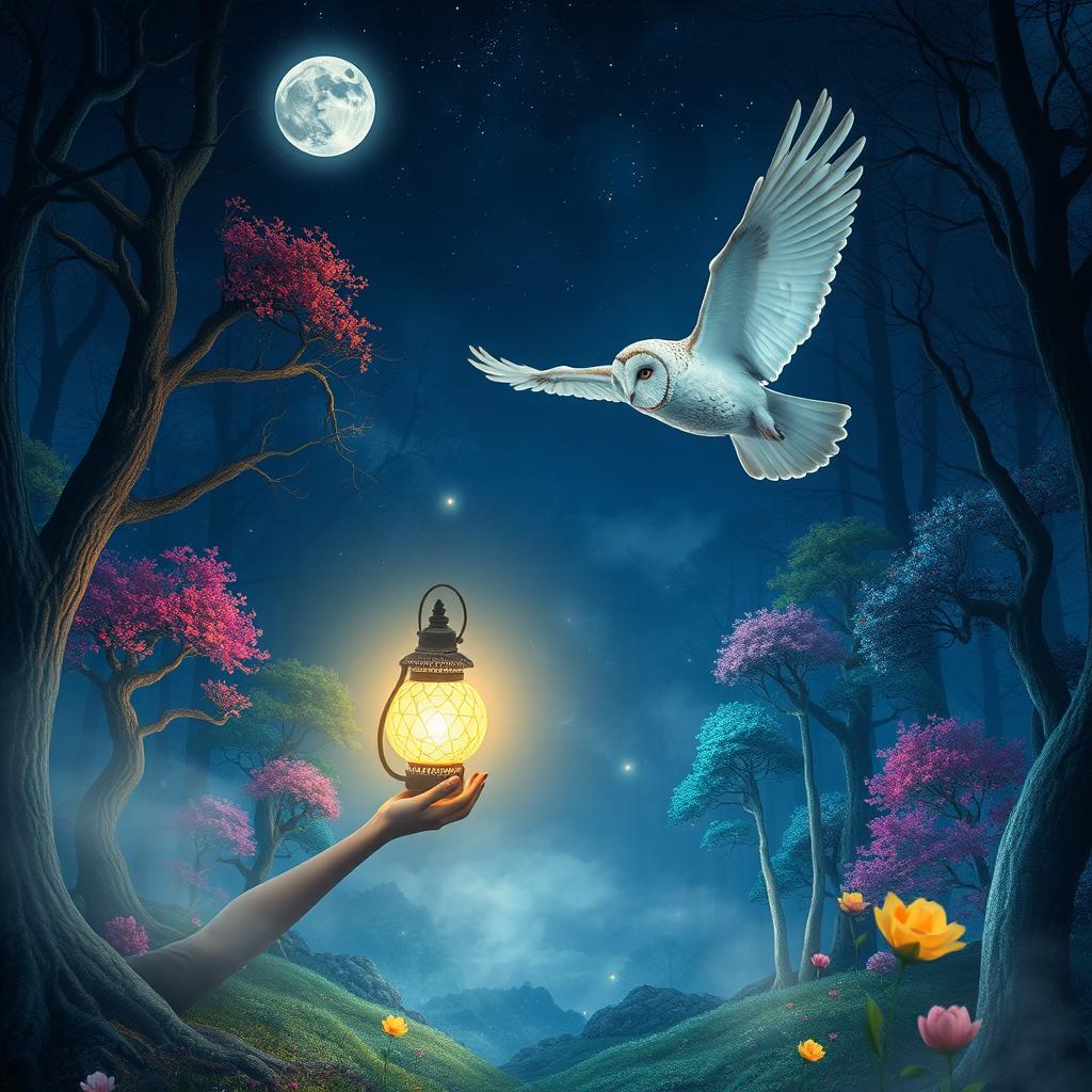 A magical surreal night forest scene featuring a blonde girl holding a glowing magical lamp that emits a soft, enchanting light