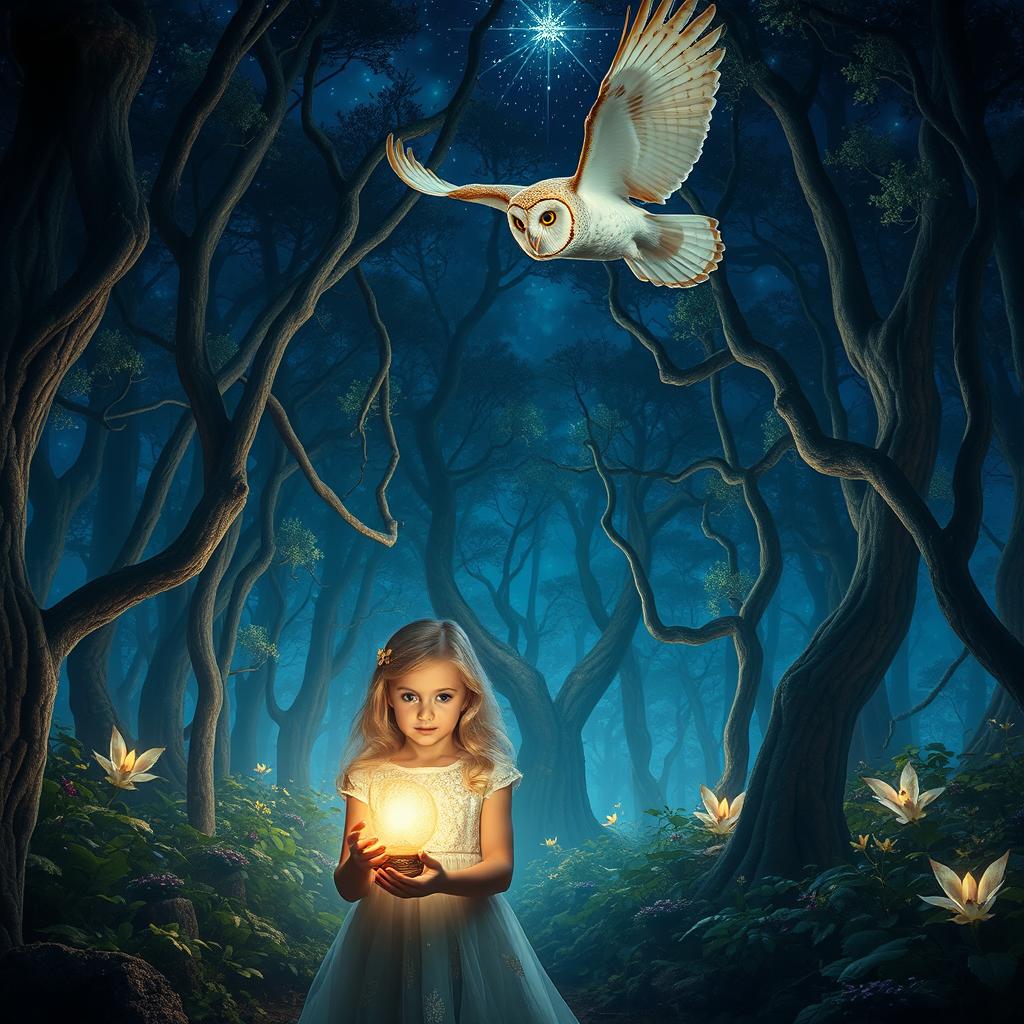 A surreal and magical night forest scene, featuring a young blonde girl holding a glowing magical lamp in her hands