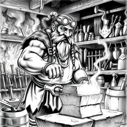 A detailed black and white drawing of a dwarven blacksmith in his forge