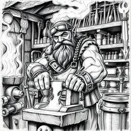 A detailed black and white drawing of a dwarven blacksmith in his forge