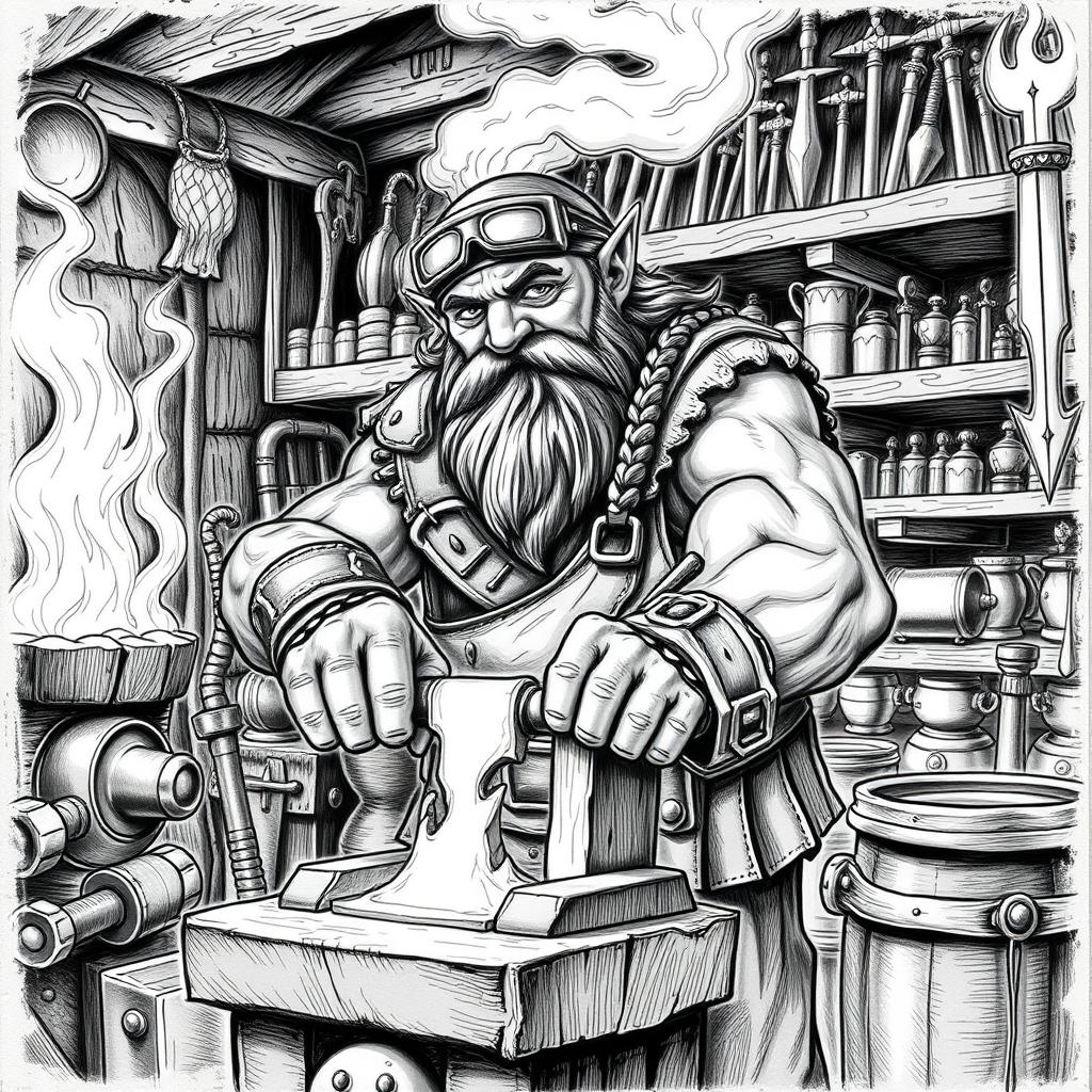 A detailed black and white drawing of a dwarven blacksmith in his forge