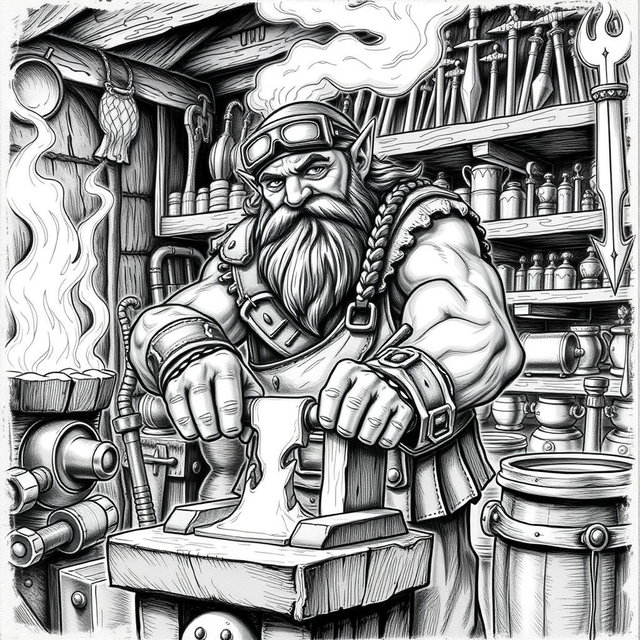 A detailed black and white drawing of a dwarven blacksmith in his forge