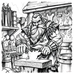 A detailed black and white drawing of a dwarven blacksmith in his forge