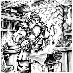A detailed black and white drawing of a dwarven blacksmith in his forge