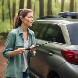 A tall brunette woman confidently driving a Subaru Outback, with a fishing rod arranged along the vehicle.