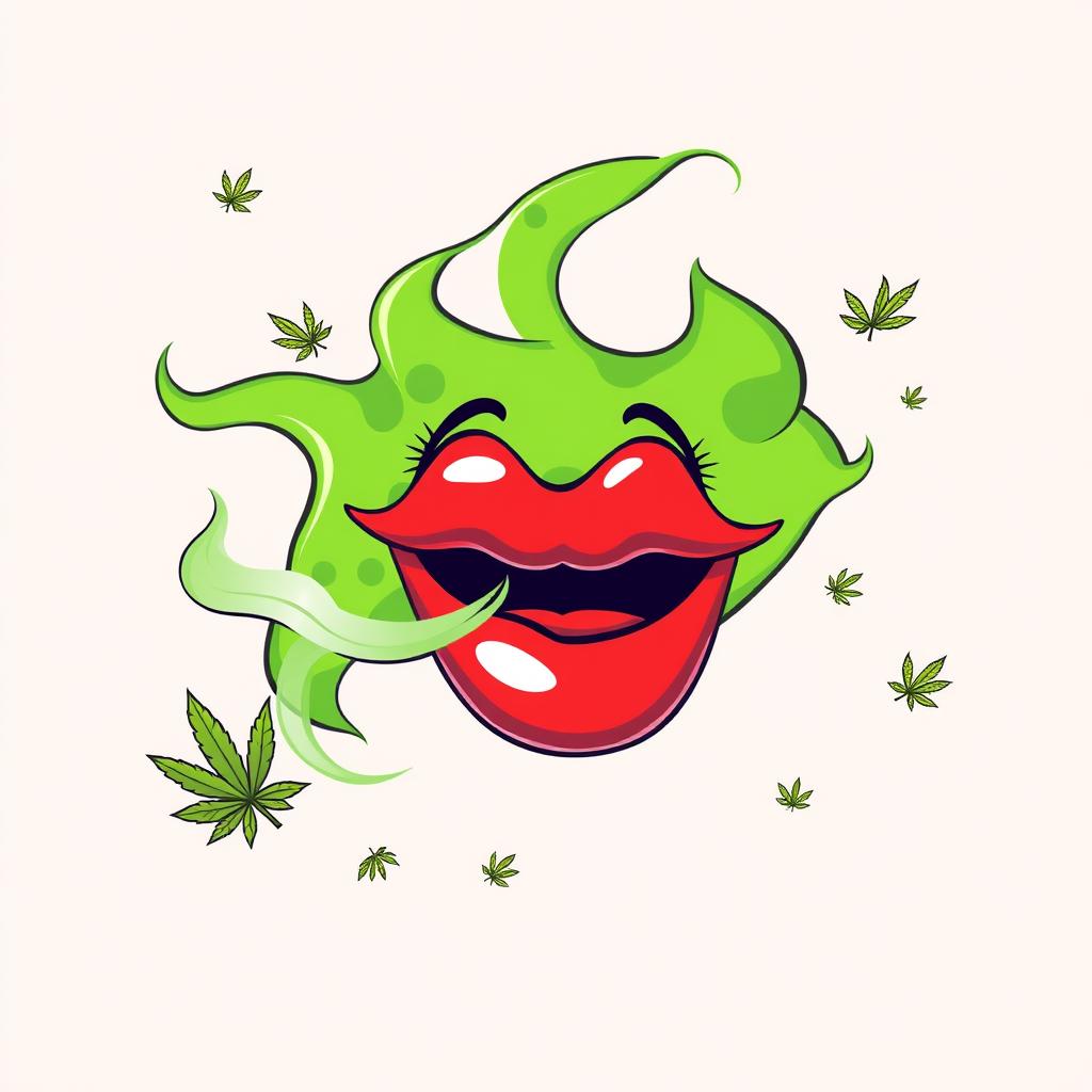 A vibrant and colorful clipart style illustration of a pair of lips exhaling smoke with a whimsical, playful design