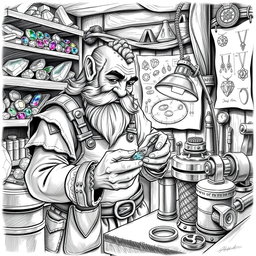 A detailed black and white drawing of a dwarven jeweler meticulously working in a small, cluttered workshop filled with gemstones and precious metals