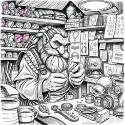 A detailed black and white drawing of a dwarven jeweler meticulously working in a small, cluttered workshop filled with gemstones and precious metals