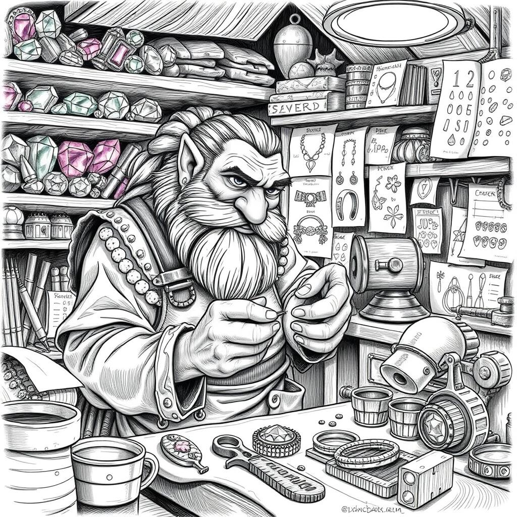 A detailed black and white drawing of a dwarven jeweler meticulously working in a small, cluttered workshop filled with gemstones and precious metals