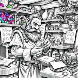 A detailed black and white drawing of a dwarven jeweler meticulously working in a small, cluttered workshop filled with gemstones and precious metals