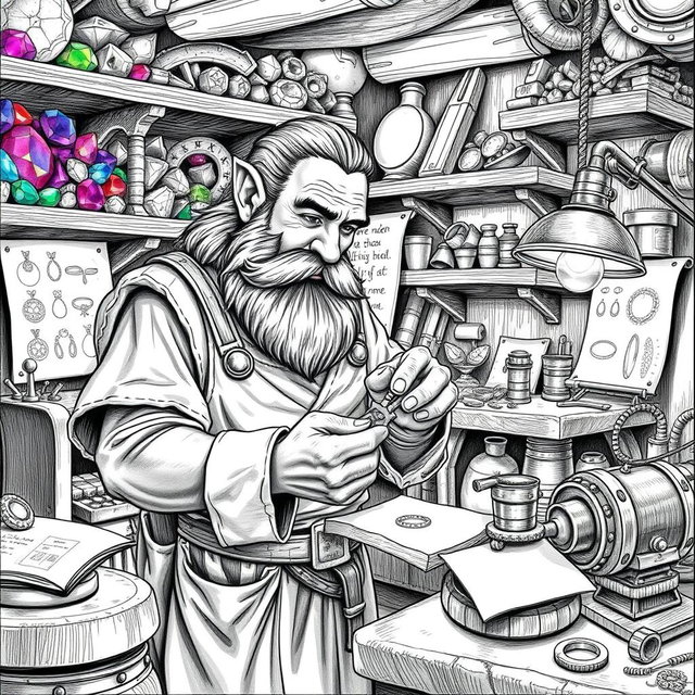 A detailed black and white drawing of a dwarven jeweler meticulously working in a small, cluttered workshop filled with gemstones and precious metals