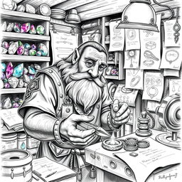 A detailed black and white drawing of a dwarven jeweler meticulously working in a small, cluttered workshop filled with gemstones and precious metals
