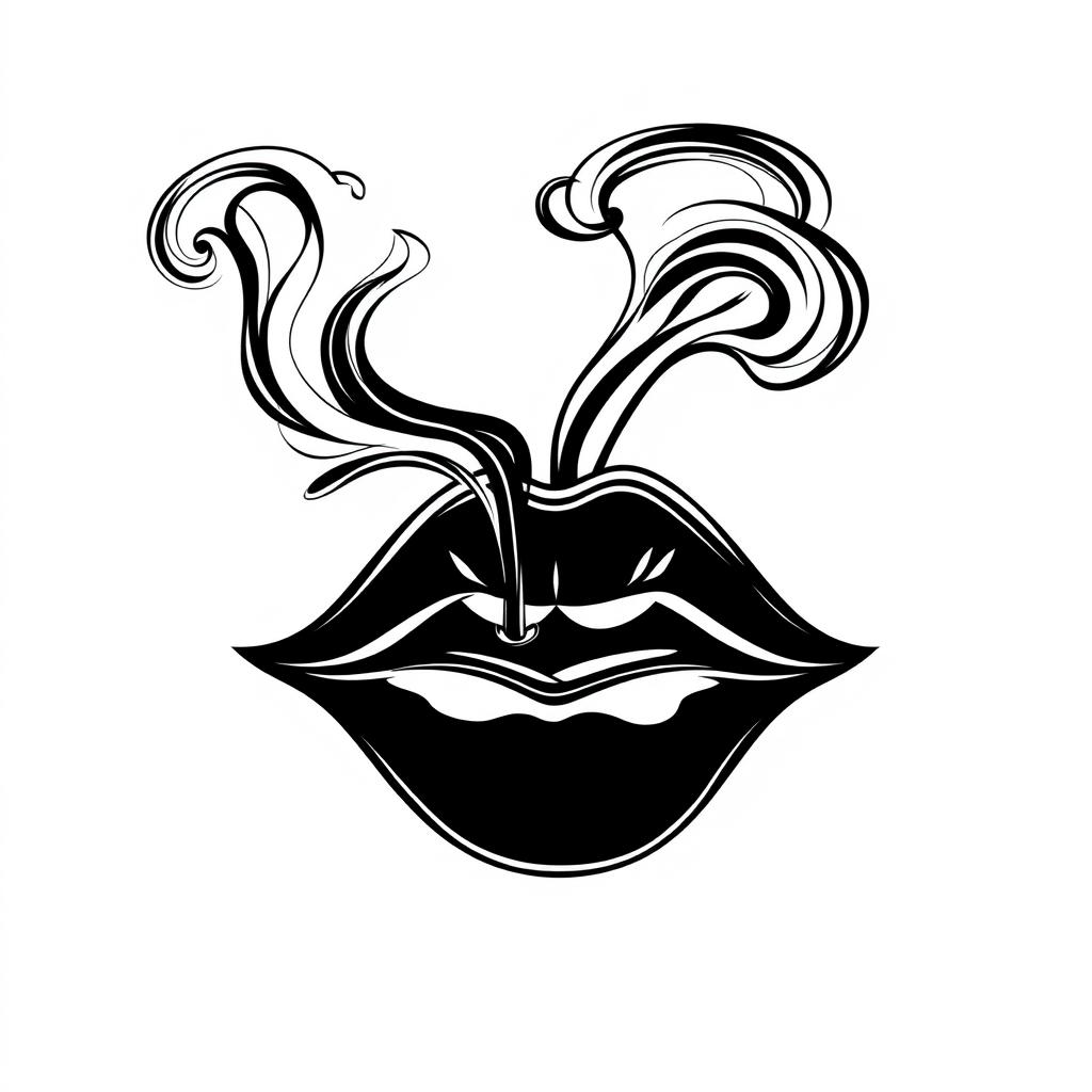 A stylized black and white clipart illustration of a pair of vibrant lips, elegantly designed, exhaling smoke that swirls artistically and forms intricate patterns