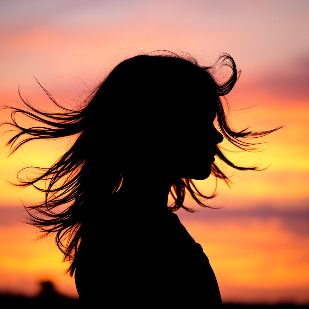 A silhouette profile of a young girl with flowing hair, captured against a vibrant sunset background