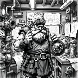 A detailed black and white drawing of a dwarven genius engineer surrounded by intricate machines and blueprints in a bustling workshop