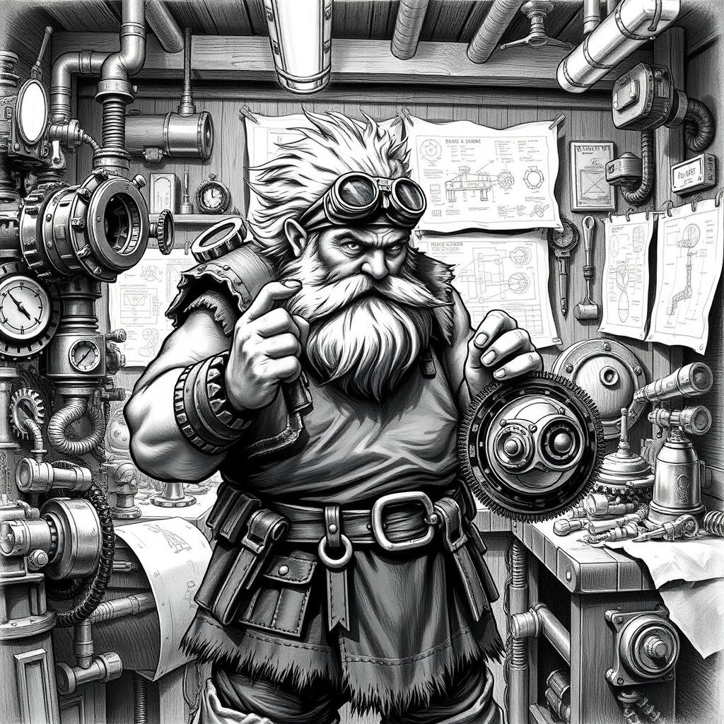 A detailed black and white drawing of a dwarven genius engineer surrounded by intricate machines and blueprints in a bustling workshop