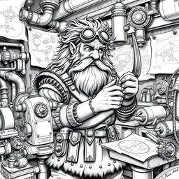 A detailed black and white drawing of a dwarven genius engineer surrounded by intricate machines and blueprints in a bustling workshop