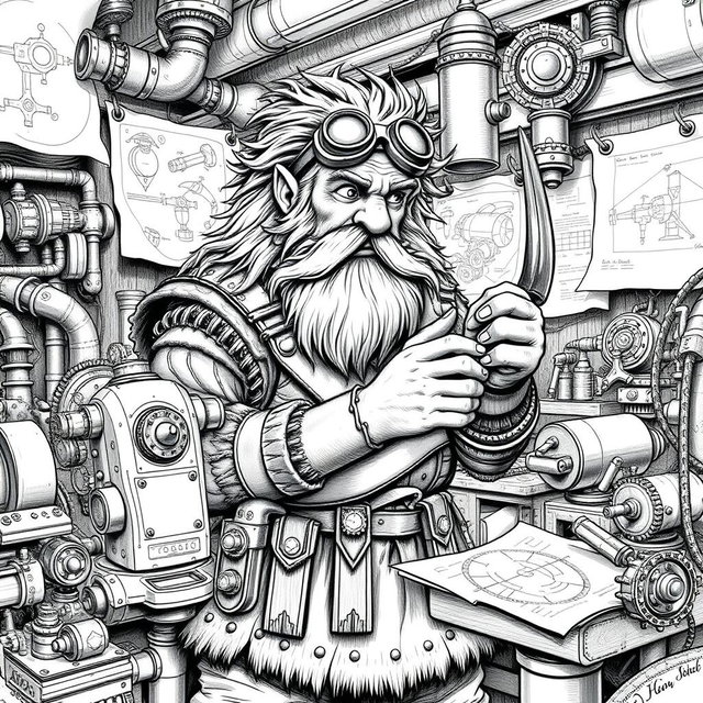 A detailed black and white drawing of a dwarven genius engineer surrounded by intricate machines and blueprints in a bustling workshop