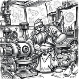 A detailed black and white drawing of a dwarven genius engineer surrounded by intricate machines and blueprints in a bustling workshop