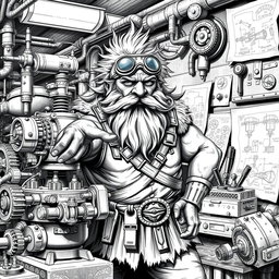 A detailed black and white drawing of a dwarven genius engineer surrounded by intricate machines and blueprints in a bustling workshop
