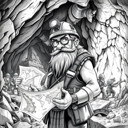A meticulously detailed black and white drawing of a dwarven genius mining engineer at work in an underground mine