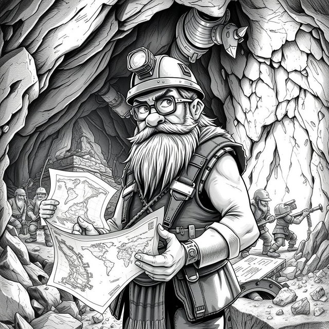 A meticulously detailed black and white drawing of a dwarven genius mining engineer at work in an underground mine