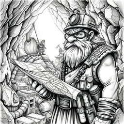 A meticulously detailed black and white drawing of a dwarven genius mining engineer at work in an underground mine