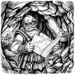 A meticulously detailed black and white drawing of a dwarven genius mining engineer at work in an underground mine