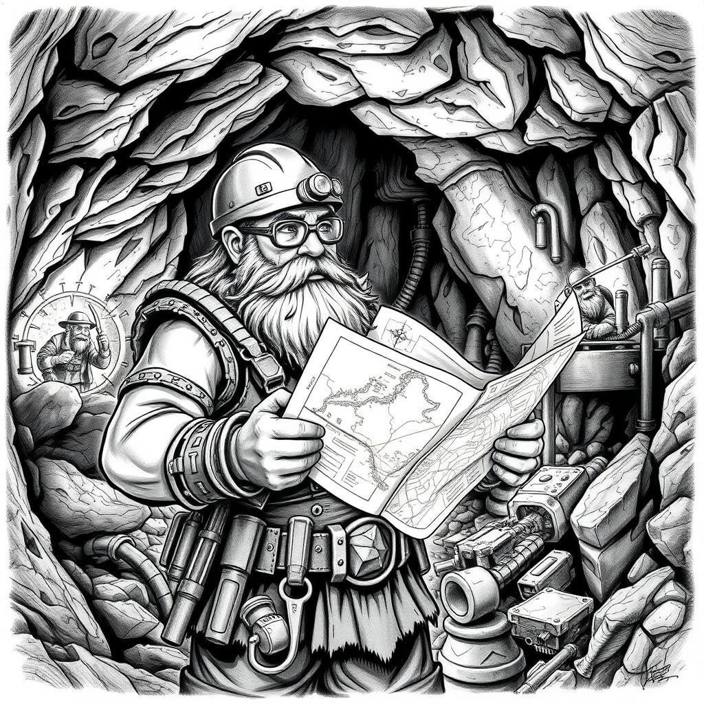 A meticulously detailed black and white drawing of a dwarven genius mining engineer at work in an underground mine